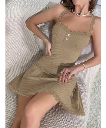 Kadın Askılı V Yaka Dantel Detay Fitilli Kaşkorse Gecelik