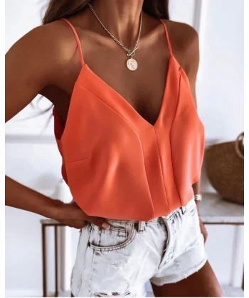 Kadın Askılı V Yaka Detay Sandy Kumaş Bluz