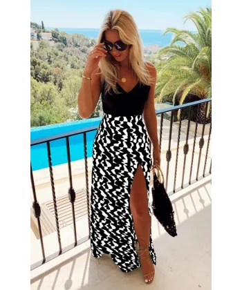 Kadın Askılı V Yaka Eteği Dijital Baskılı Dalmaçya Desen Yırtmaçlı Mikro Kumaş Elbise