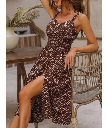 Kadın Askılı V Yakalı Beli Lastikli Yırtmaçlı Süprem Midi Elbise