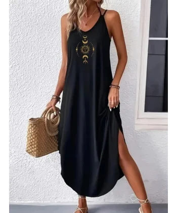 Kadın Askılı V Yakalı Desenli Uzun Viskon Elbise