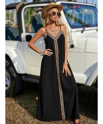 Kadın Askılı V Yakalı Etnik şerit Detaylı Uzun Viskon Elbise