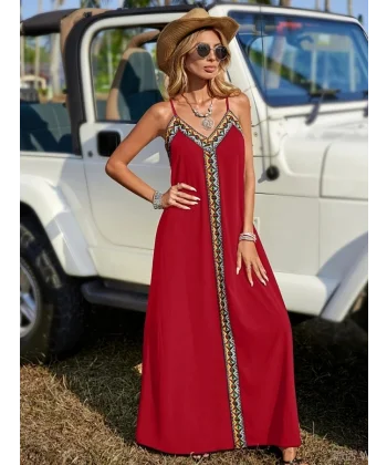 Kadın Askılı V Yakalı Etnik şerit Detaylı Uzun Viskon Elbise