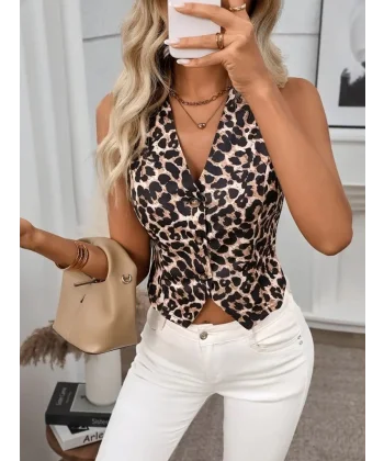 Kadın Askılı V Yakalı önden Düğmeli Leopar Desenli Atlas Ceket