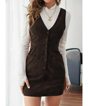 Kadın Askılı V Yakalı önden Düğmeli Mini Kalın Fitilli Kadife Elbise
