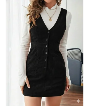 Kadın Askılı V Yakalı önden Düğmeli Mini Kalın Fitilli Kadife Elbise