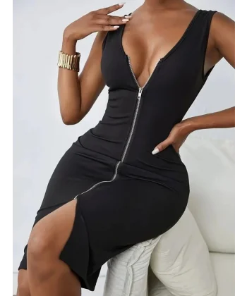 Kadın Askılı V Yakalı önden Fermuarlı Ithal Krep Elbise