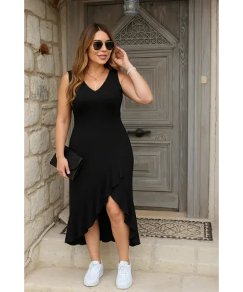 Kadın Askılı V Yakalı önden Fırfırlı Uzun Dalgıç Elbise