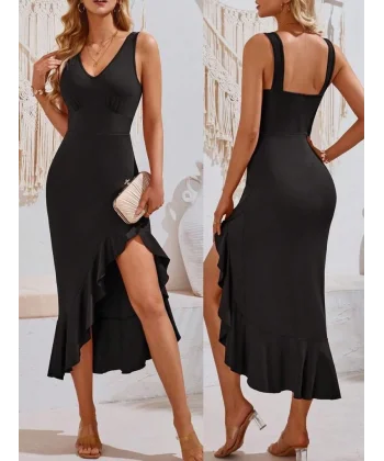 Kadın Askılı V Yakalı önden Fırfırlı Uzun Dalgıç Elbise