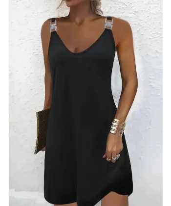 Kadın Askılı V Yakalı Toka Detaylı Janjan Krep Elbise