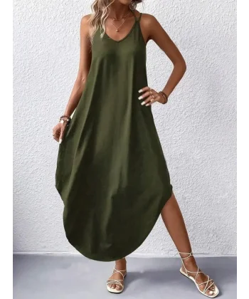 Kadın Askılı V Yakalı Uzun Viskon Elbise