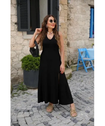 Kadın Askılı V Yakalı Yırtmaçlı Viskon Elbise