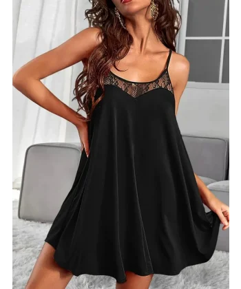 Kadın Askılı Yaka Dantel Detay Sandy Gecelik Elbise