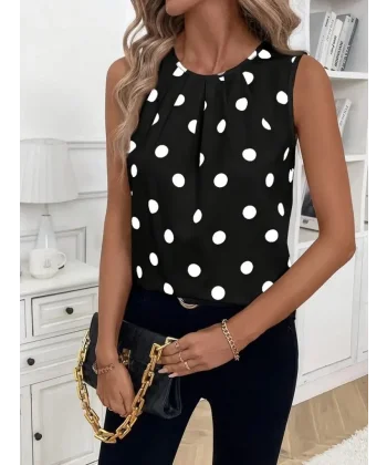 Kadın Askılı Yakası Büzgülü Puantiyeli Atlas Bluz