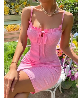 Kadın Askılı Yakası Fırfır Ve Bağlama Detay Kaşkorse Elbise