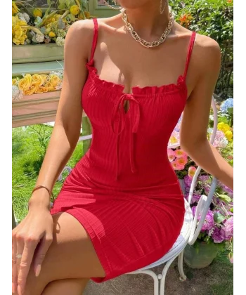 Kadın Askılı Yakası Fırfır Ve Bağlama Detay Kaşkorse Elbise