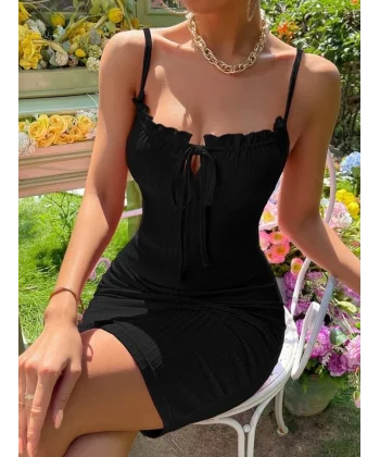 Kadın Askılı Yakası Fırfır Ve Bağlama Detay Kaşkorse Elbise