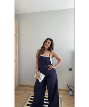 Kadın Askılı Yandan Fermuarlı Geniş Paçalı Valencia Tulum