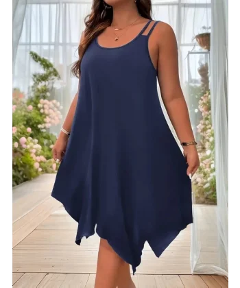 Kadın Askılı Yuvarlak Asimetrik Kesim Detaylı Viskon Elbise