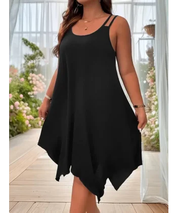 Kadın Askılı Yuvarlak Asimetrik Kesim Detaylı Viskon Elbise