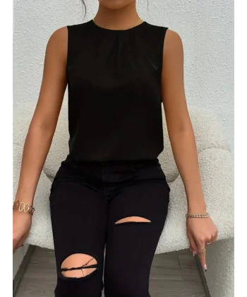 Kadın Askılı Yuvarlak Büzgü Yaka Sandy Bluz