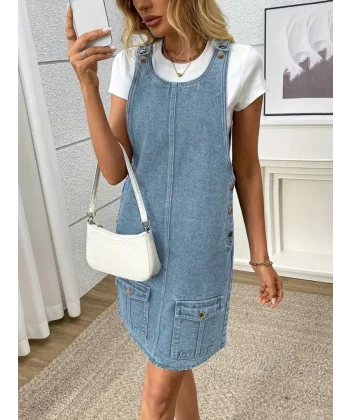 Kadın Askılı Yuvarlak Yaka A Kesim Cep Detaylı Kot Elbise