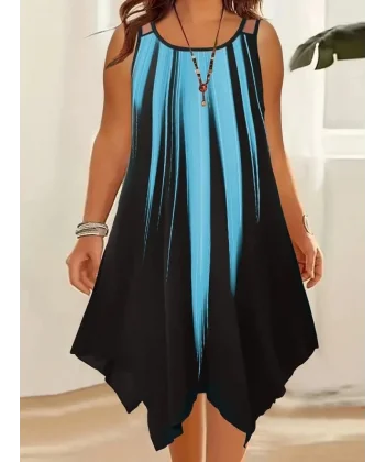 Kadın Askılı Yuvarlak Yaka Asimetrik Detaylı Desenli Süprem Elbise