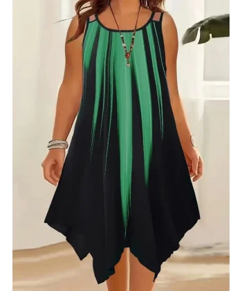 Kadın Askılı Yuvarlak Yaka Asimetrik Detaylı Desenli Süprem Elbise