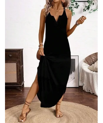 Kadın Askılı Yuvarlak Yaka Asimetrik Detaylı Viskon Elbise