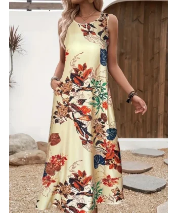 Kadın Askılı Yuvarlak Yaka Cepli Desenli Süprem Elbise