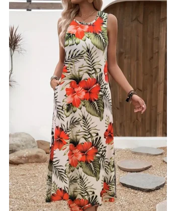 Kadın Askılı Yuvarlak Yaka Cepli Desenli Süprem Elbise