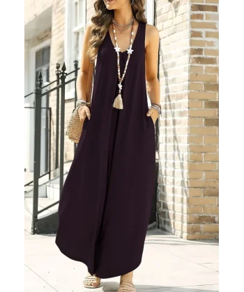 Kadın Askılı Yuvarlak Yaka Cepli Salaş Uzun Viskon Tulum