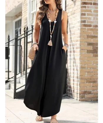 Kadın Askılı Yuvarlak Yaka Cepli Salaş Uzun Viskon Tulum