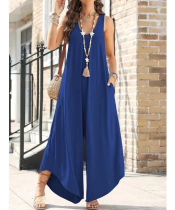 Kadın Askılı Yuvarlak Yaka Cepli Salaş Uzun Viskon Tulum