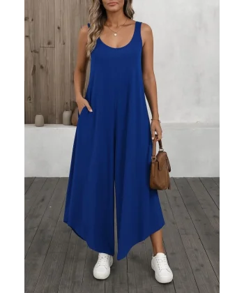 Kadın Askılı Yuvarlak Yaka Cepli Salaş Uzun Viskon Tulum