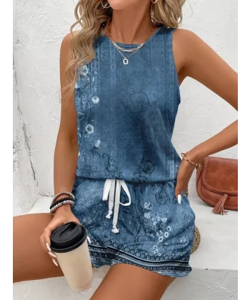 Kadın Askılı Yuvarlak Yaka çiçek Baskılı Süprme Bluz Ve Short Ikili Takım