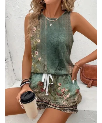 Kadın Askılı Yuvarlak Yaka çiçek Baskılı Süprme Bluz Ve Short Ikili Takım