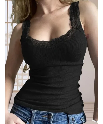 Kadın Askılı Yuvarlak Yaka Dantel Detay Kaşkorse Bluz