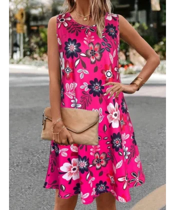 Kadın Askılı Yuvarlak Yaka Desenli A Kesim Süprem Elbise