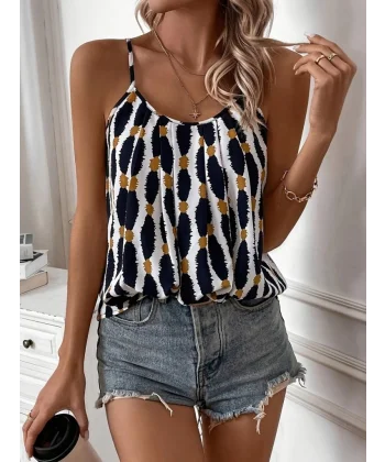 Kadın Askılı Yuvarlak Yaka Desenli Süprem Bluz