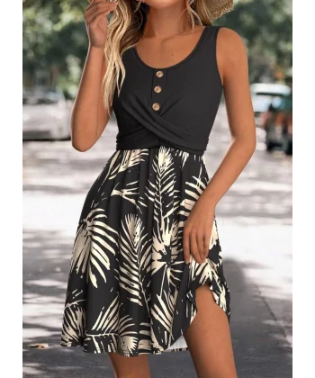 Kadın Askılı Yuvarlak Yaka Düğmeli üst Viskon Alt Desenli Süprem Elbise