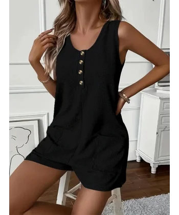 Kadın Askılı Yuvarlak Yaka Düğmeli Waffle Kısa Tulum