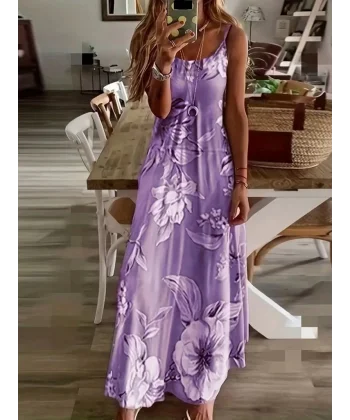 Kadın Askılı Yuvarlak Yaka Etek Geniş Kesim Desenli Süprem Elbise