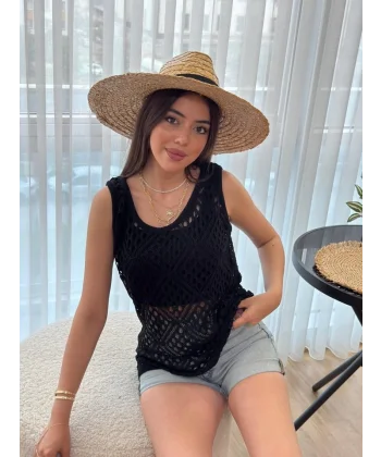 Kadın Askılı Yuvarlak Yaka Geometrik Desenli Triko Bluz