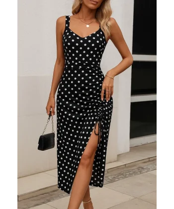 Kadın Askılı Yuvarlak Yaka Kalp Yaka Yandan Büzgülü Yırtmaç Detaylı Puantiyeli örme Krep Elbise