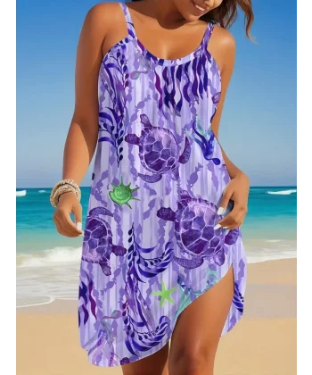 Kadın Askılı Yuvarlak Yaka Kaplumbağa Desenli Süprem Elbise