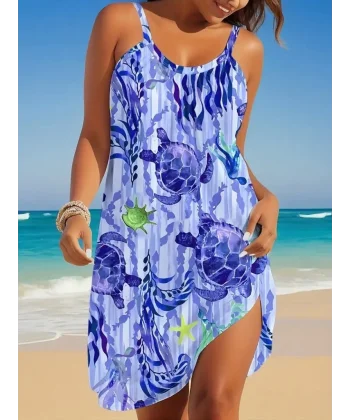 Kadın Askılı Yuvarlak Yaka Kaplumbağa Desenli Süprem Elbise