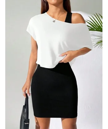 Kadın Askılı Yuvarlak Yaka Kısa Kaşkorse Elbise Ve Viskon Bluz Ikili Takım