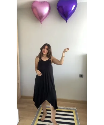 Kadın Askılı Yuvarlak Yaka Kuş Gözü Detaylı Asimetrik Viskon Elbise