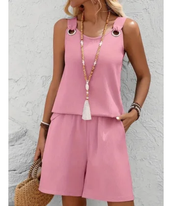 Kadın Askılı Yuvarlak Yaka Kuş Gözü Detaylı Bürümcük Bluz Ve Short Ikili Takım